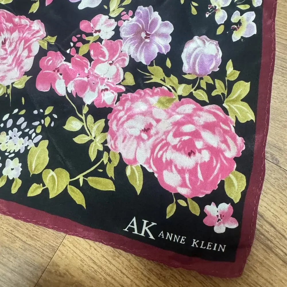 Vintage Anne‎ Klein 100% Silk scarf black pink floral signed rectangle Korea